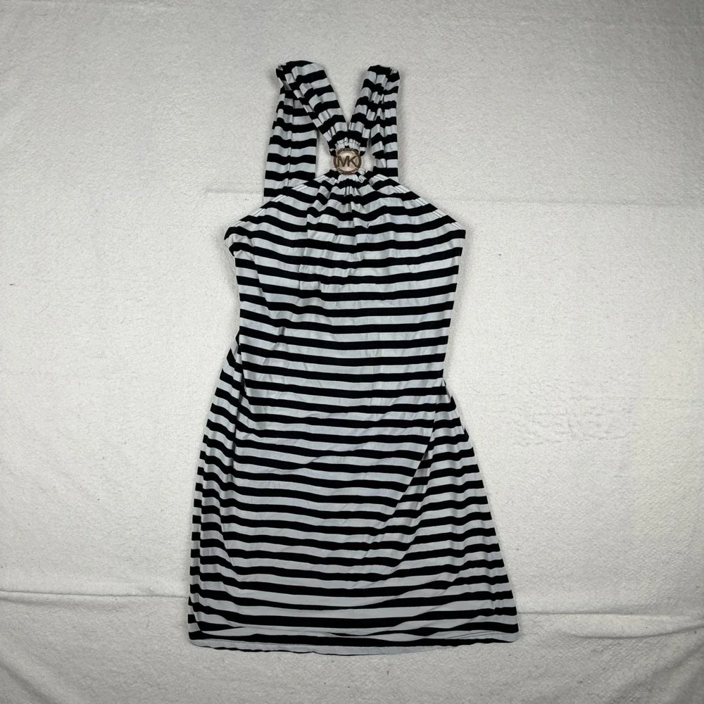 Michael Kors Black White Striped Halter Swim Dress Gold MK Logo Small CA17634